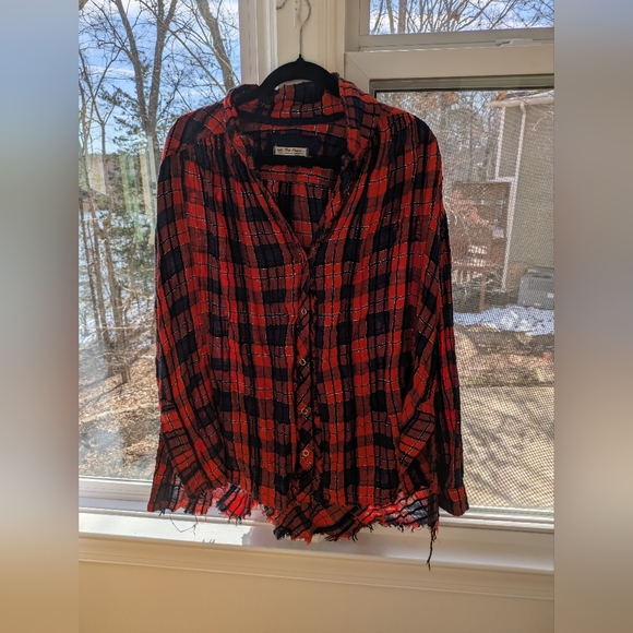 Free people oversized high low plaid red blue shirt - Picture 1 of 7